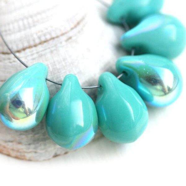 6Pc Turquoise teardrops, Large czech glass drops briolettes - 10x14mm