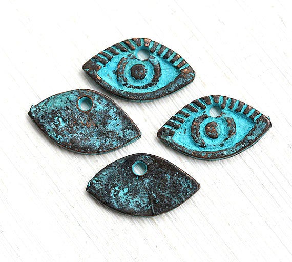 4pc Evil Eye charms Green Patina 17mm
