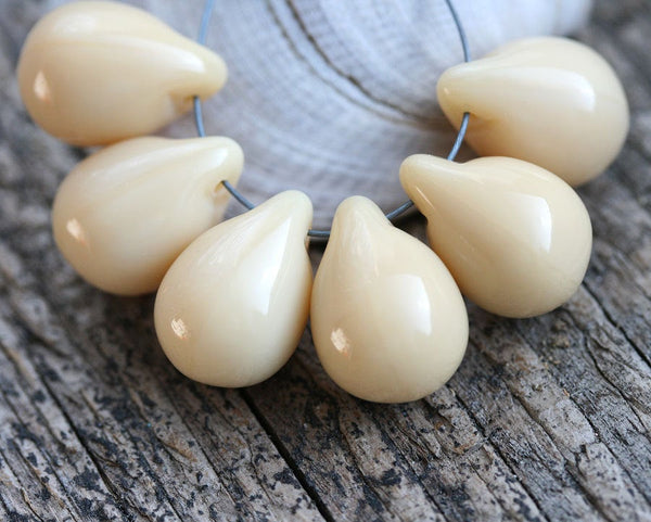 6Pc Beige Teardrop beads, Czech glass drops, Pastel beige briolettes - 10x14mm