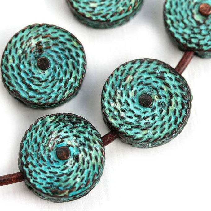 15mm Round metal woven coin beads Green Patina Copper 2Pc