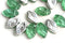 12x7mm Green and Silver leaves, green Czech glass - 25pc