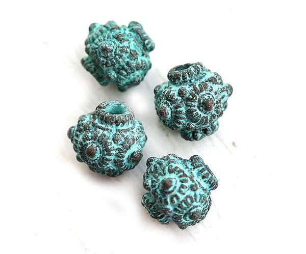 9mm Round ornament beads, green patina copper beads 4pc