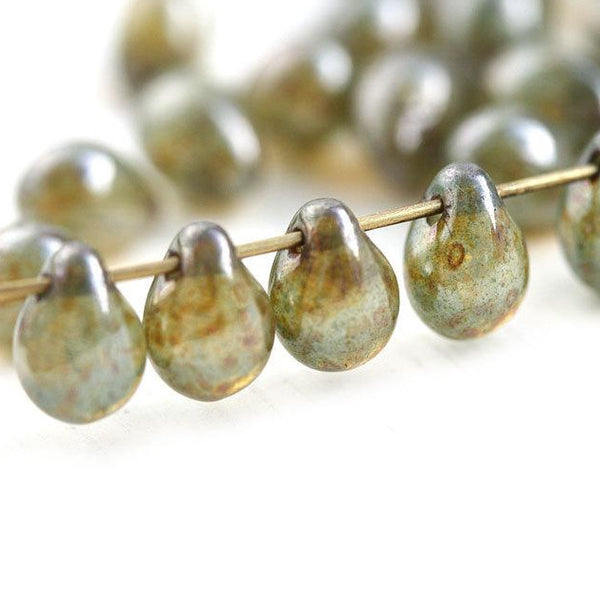 5x7mm Picasso Drops, Opal Green teardrop beads, czech glass - 30pc