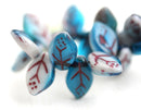 12x7mm Mixed Blue White Leaf glass beads, Dark Red Inlays - 25Pc