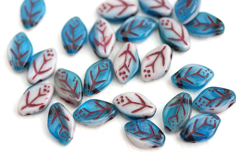 12x7mm Mixed Blue White Leaf glass beads, Dark Red Inlays - 25Pc