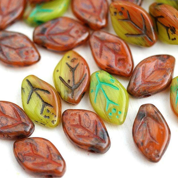 12x7mm Autumn Czech Leaf glass  beads MIX - 25Pc