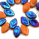 12x7mm Orange Leaf beads, Dark Blue Luster Orange Blue Czech glass - 25Pc