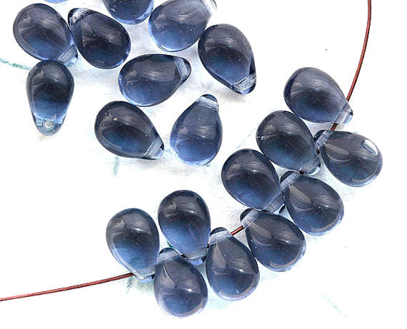 30pc Montana Blue teardrops, Czech glass blue drop beads - 6x9mm