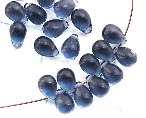 40pc Montana Blue teardrops, Czech glass blue drop beads - 6x9mm
