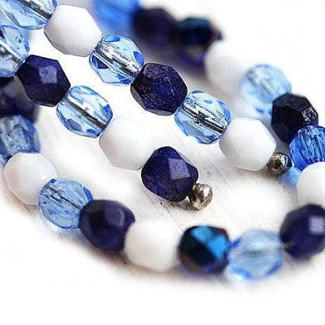 4mm Blue beads mix, czech glass fire polished round spacers - 50Pc