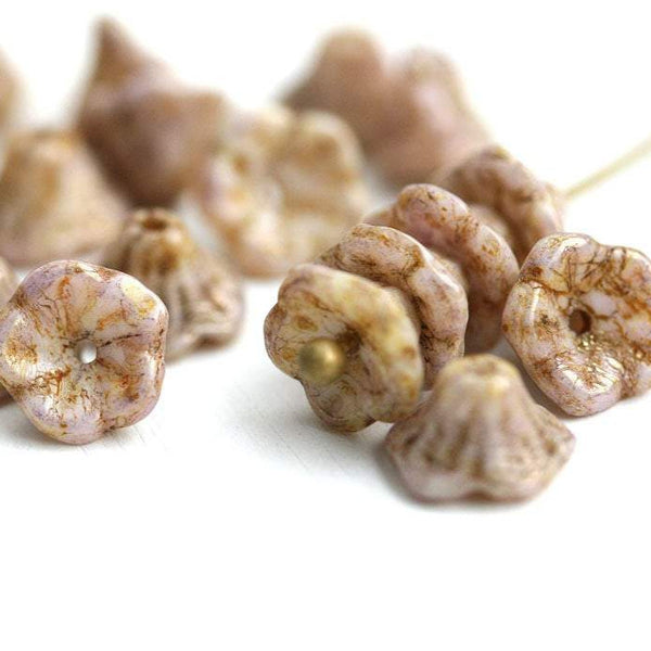 7x5mm Picasso Beige Pink Flower Cups, Czech glass beads - 25Pc