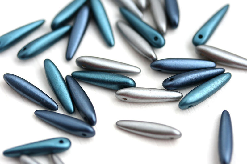 30pc Blue Silver Dagger czech glass beads MIX, Special Coating - 16mm