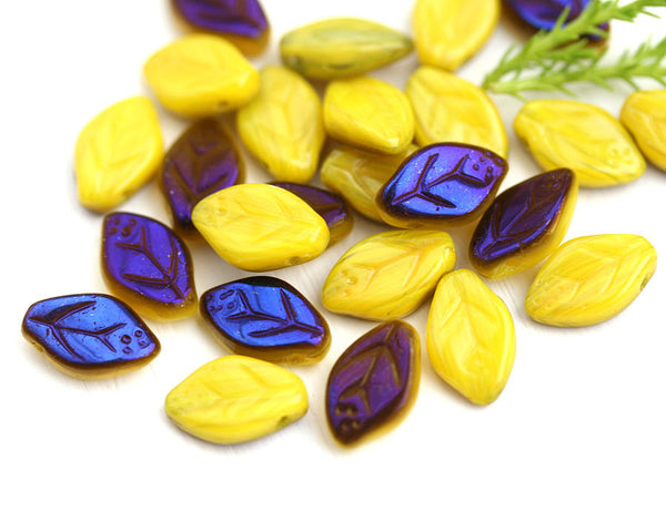 12x7mm Yellow Leaf beads Dark Blue Luster Czech glass - 25Pc