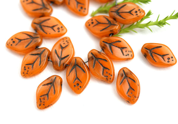 12x7mm Orange Leaf beads, Black Inlays, Czech glass - 25Pc