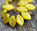 12x7mm Yellow Leaf beads Golden Inlays Czech glass - 25Pc