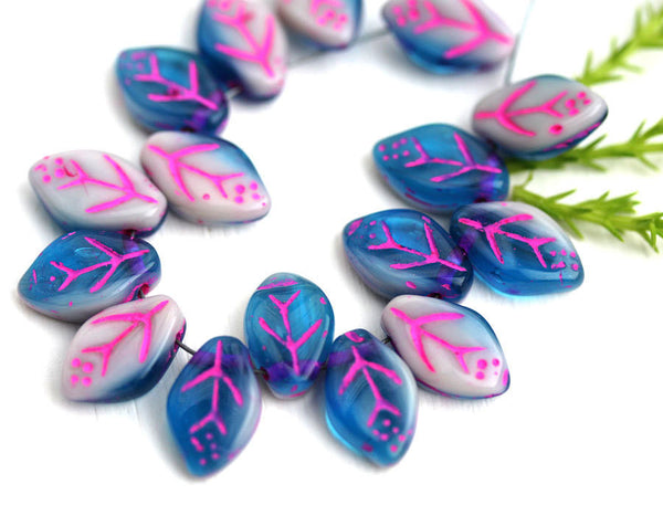 12x7mm Leaf Glass beads, Dark Blue White Mixed color - 25Pc