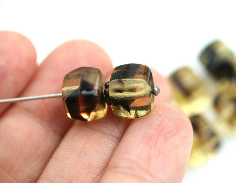 9mm Large Cube, Amber Yellow and Black czech glass beads - 15pc