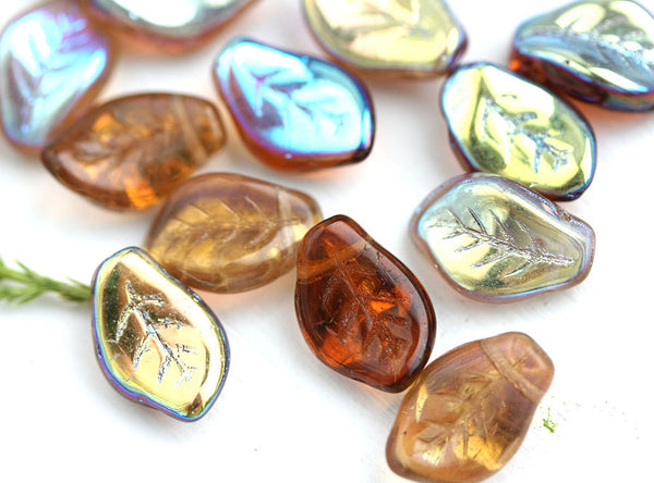 14x9mm Amber Topaz leaf beads MIX, Vitrail czech glass - 15pc