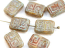 12x9mm Picasso Opal Beige Rectangle czech beads, Greek Key Ornament, 8pc