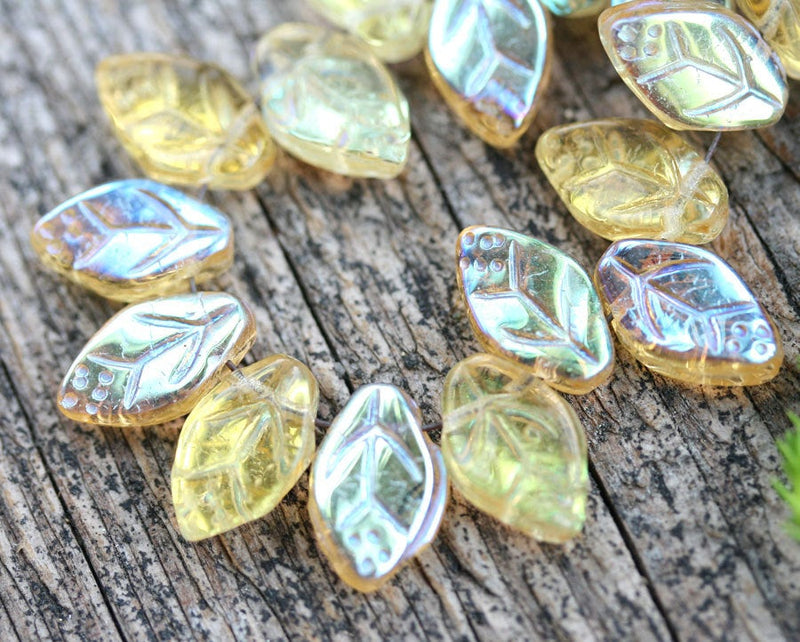 12x7mm Amber Yellow leaves, AB finish, Czech glass leaf beads - 25pc