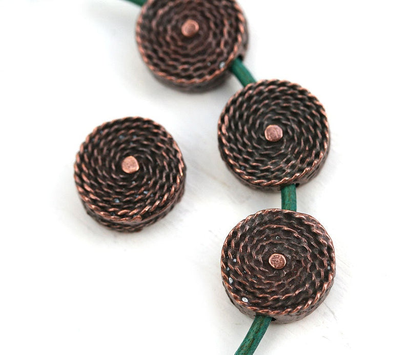 2pc Antique Copper woven beads, 15mm Coin shape 2mm hole