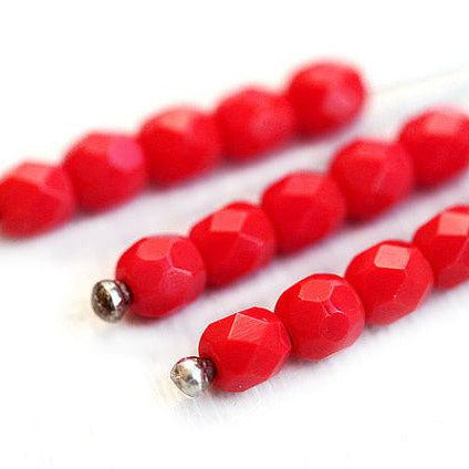 4mm Opaque Light Red fire polished faceted round spacers - 50Pc
