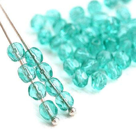 4mm Light Teal Fire polished czech glass beads Seafoam Green faceted round spacers - 50Pc