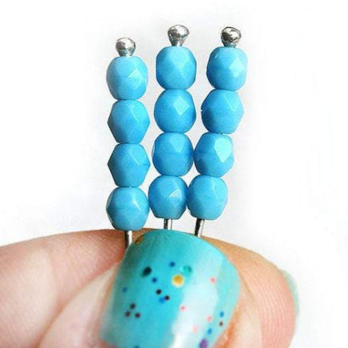 4mm Opaque blue Czech glass beads, Fire polished faceted spacers - 50Pc