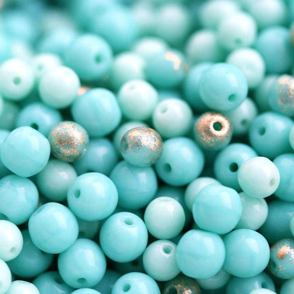 4mm 5mm Turquoise golden druk round beads mix, Czech glass - about 70Pc