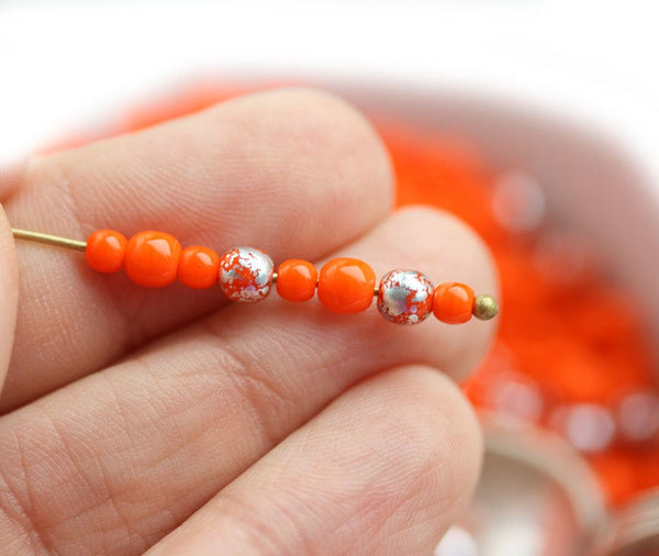 4mm 3mm Orange Silver flakes Czech glass small round spacers beads mix - 8g