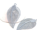 2pc Light Grey Filigree Leaf charms, Thin Laser cut stamping