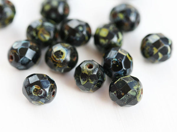 8mm Picasso black Czech glass fire polished round faceted beads - 15Pc