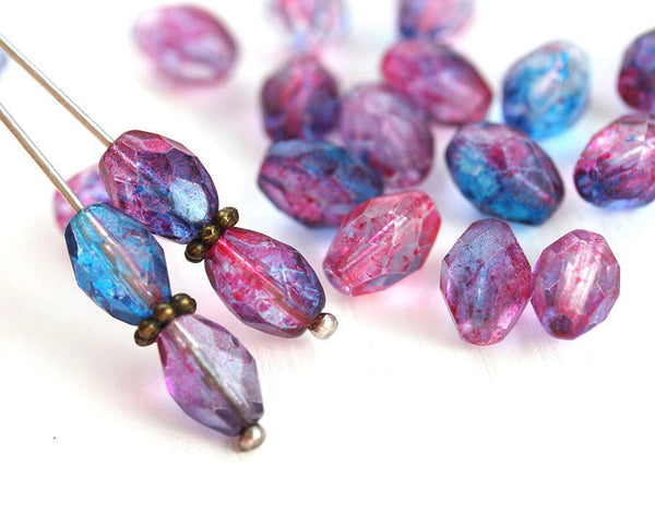 9x6mm Blue Pink glass barrel Czech fire polished oval beads 20pc