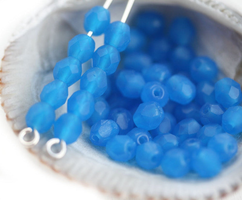 4mm Matte Blue czech glass beads, Fire polished round faceted spacers - 50Pc
