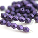 4mm Violet Purple glass beads, Metallic Suede czech Fire polished spacers - 50Pc