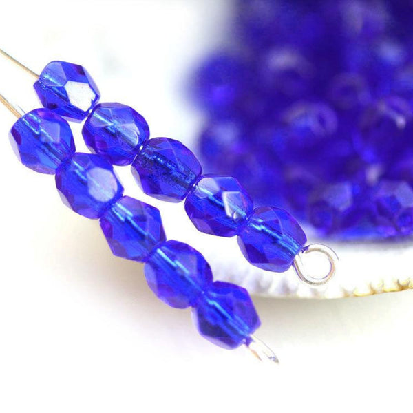4mm Cobalt blue fire polished czech glass beads - 50Pc