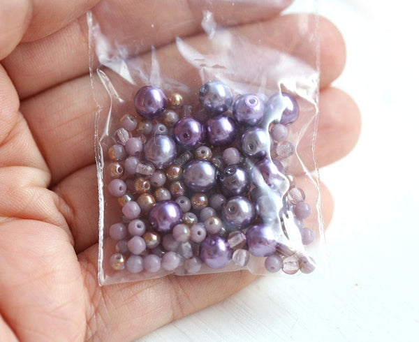 3mm 6mm Lilac Purple bead mix, Faux pearls, Czech glass round druk spacers - 10g