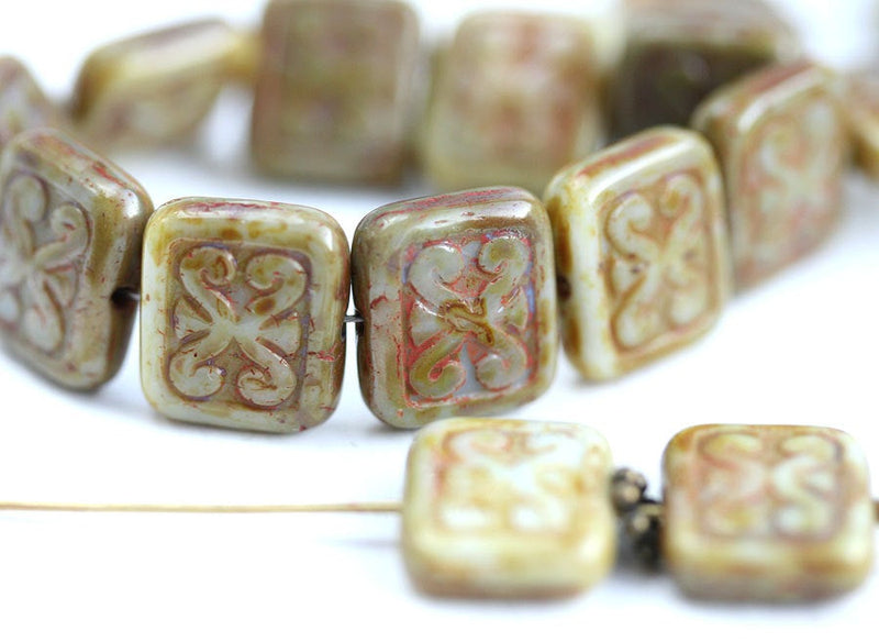12x11mm Sage Green Picasso Rectangle glass beads Swirls Scrolls Carved Aged czech glass 8pc