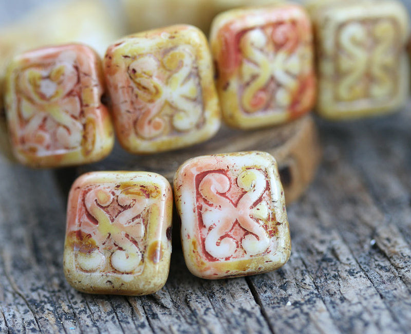 12mm Rustic Light Picasso beads, Rectangle Swirls Carved czech glass 8pc