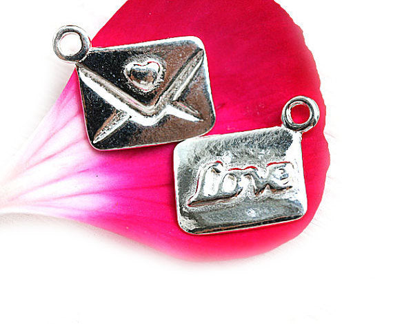 Sterling Silver Love Letter charm Silver envelope sterling silver heart, True Love - 1pc - F435