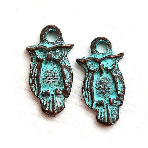 4pc Small Owl charm, Green patina