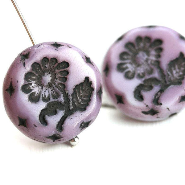 18mm Purple Flower beads, Czech glass Round tablet floral ornament beads 2pc