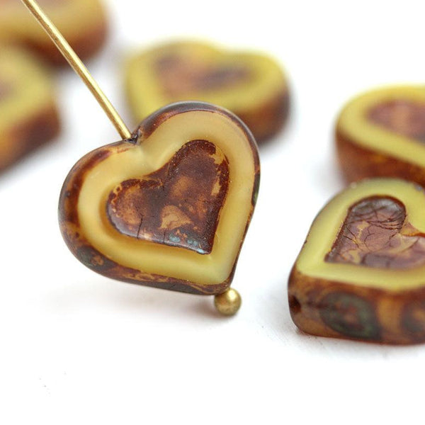14mm Ocher Yellow Heart, Picasso czech glass beads, table cut - 6Pc