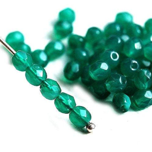 4mm Opal Teal Green faceted spacers, czech glass fire polished beads - 50Pc