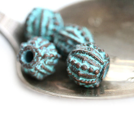 10mm Dotty round copper beads 2mm hole Green patina 4Pc