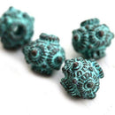 9mm Round ornament beads, green patina copper beads 4pc