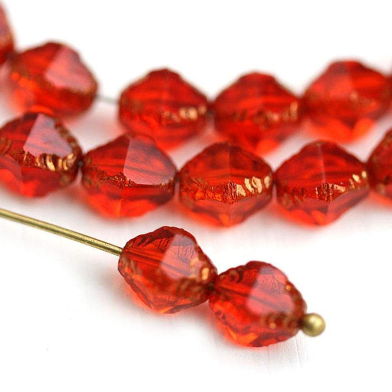 8x6mm Light Red Bicone czech glass beads, Gold wash fire polished beads - 15Pc