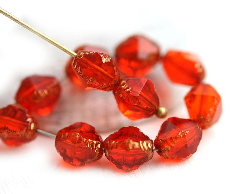 8x6mm Light Red Bicone czech glass beads, Gold wash fire polished beads - 15Pc