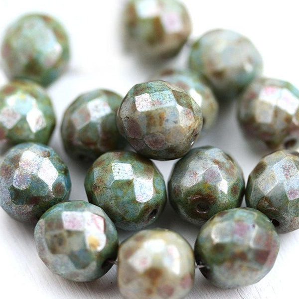 10mm Green grey Picasso Luster fire polished czech glass beads - 10Pc