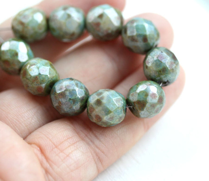 10mm Green grey Picasso Luster fire polished czech glass beads - 10Pc